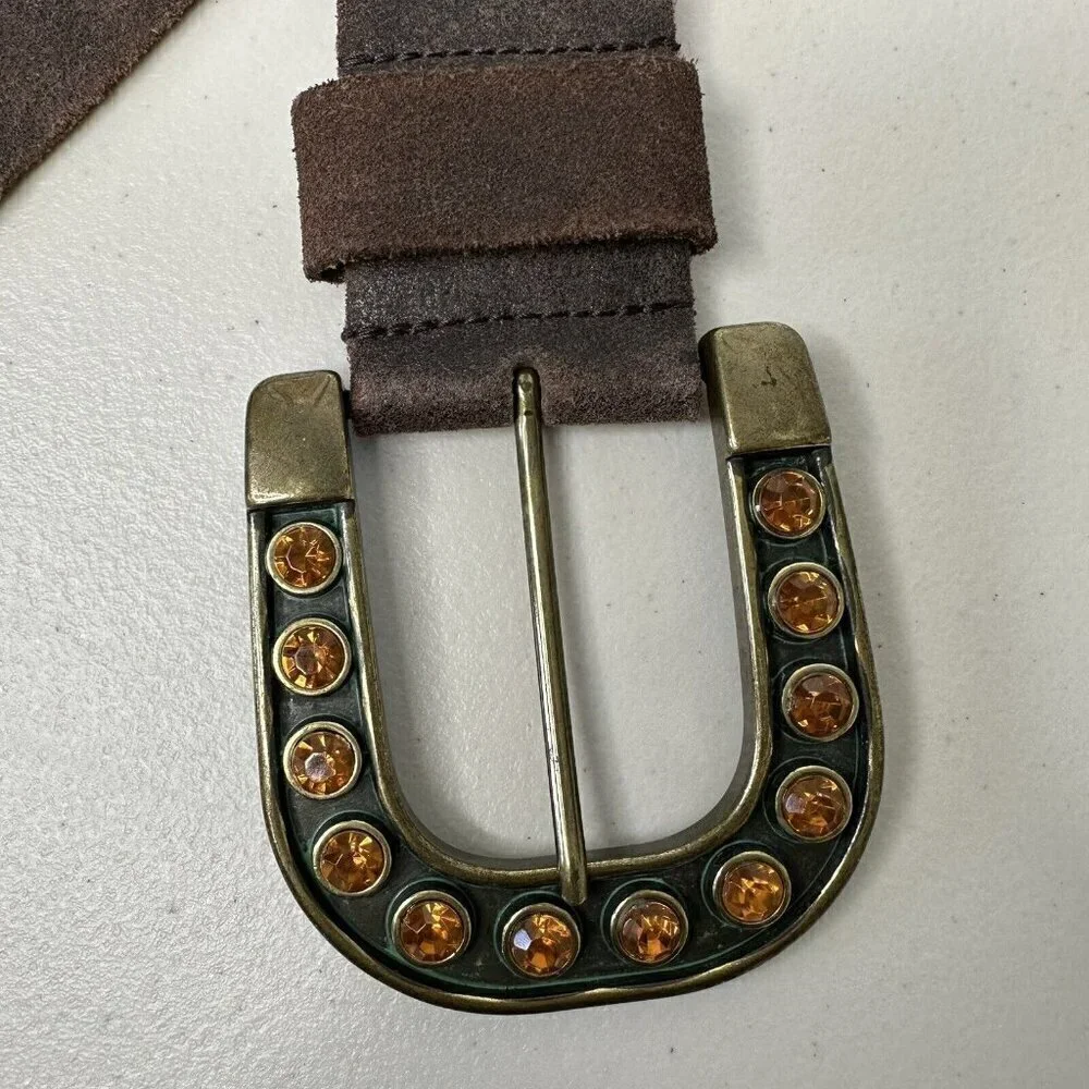 Steve Madden Belt Brown Suede Leather Brass Buckle‎ Rhinestone Size M